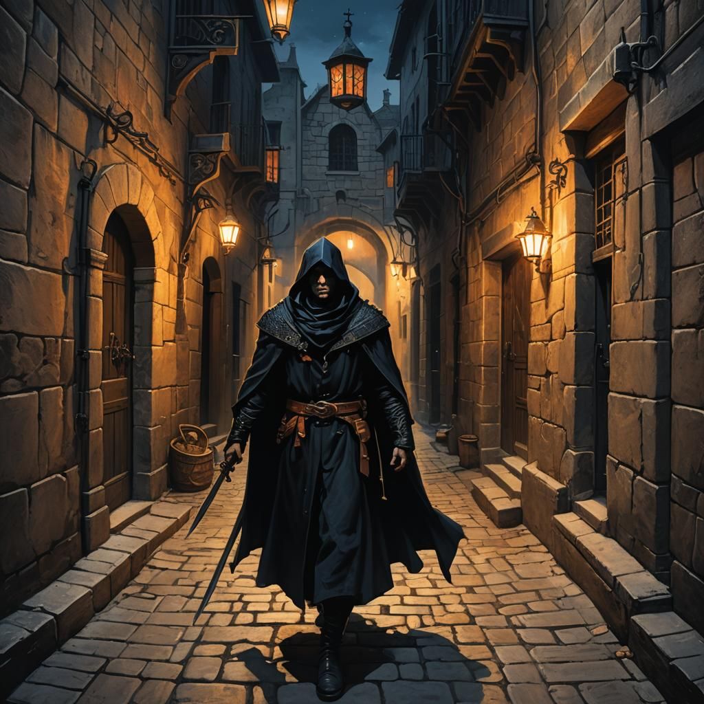 Dark Fantasy Figure in Medieval Alley