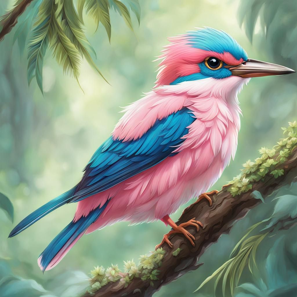 Kingfisher with Pastel Pink Feathers in Anime Style