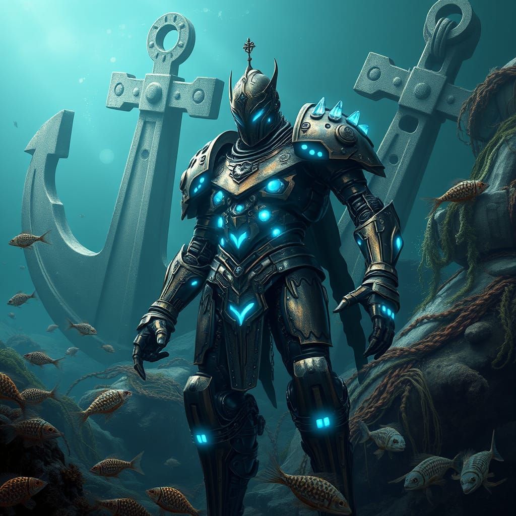 Cyberpunk Mech Knight Surrounded by Underwater Wreckage