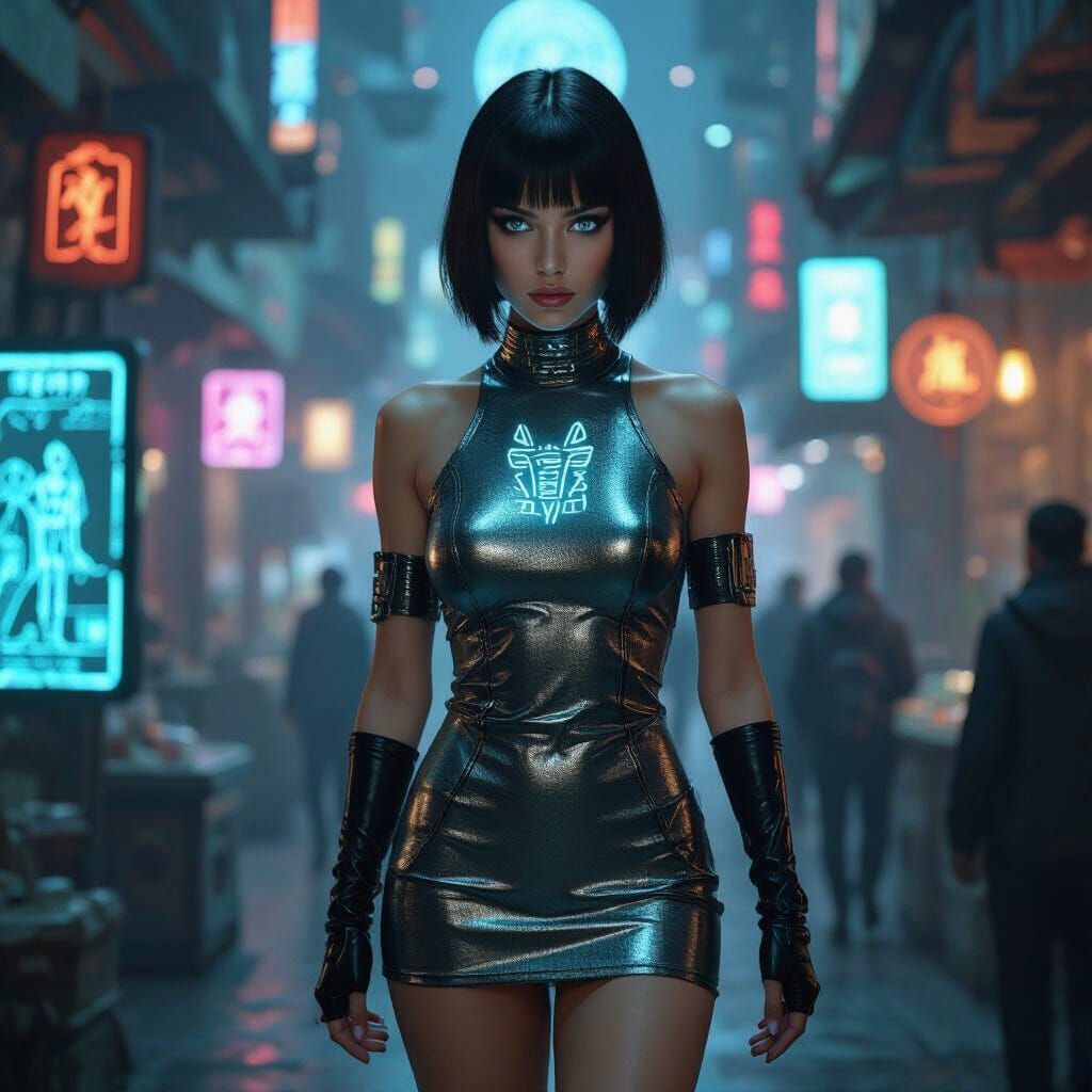 Cyberpunk Woman Strides Through Alien Marketplace