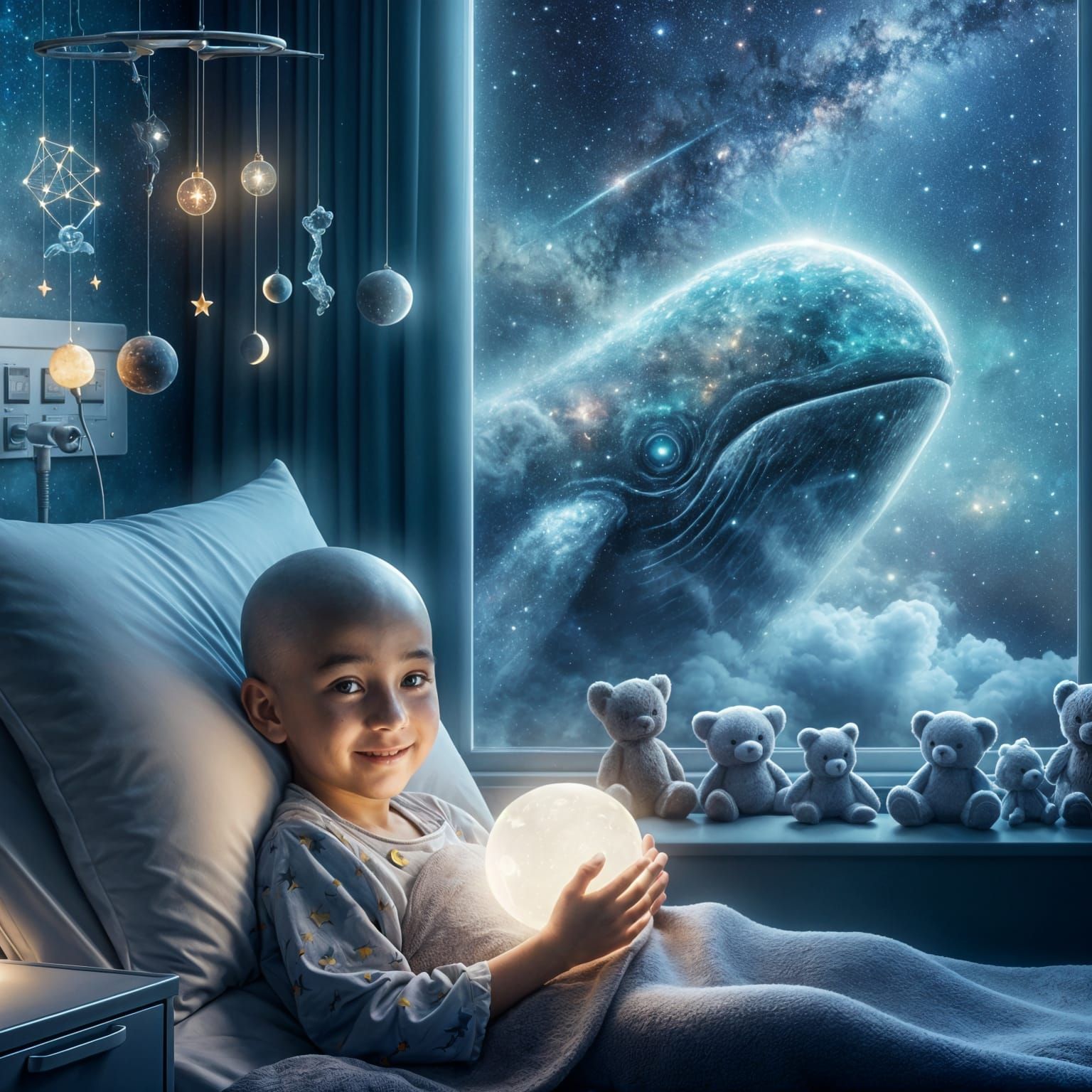 A Young Dreamer's Serene Encounter with a Celestial Whale