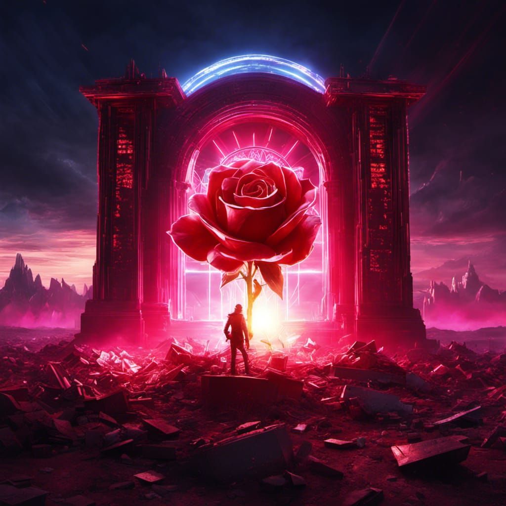 Neon Rose Monument in Post-Apocalyptic Wasteland