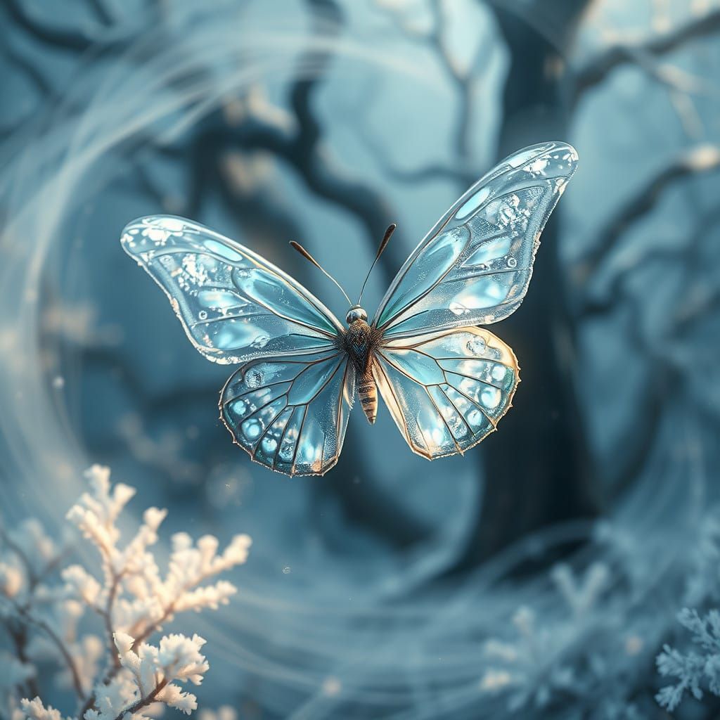 Frozen Crystal Butterfly in Mystical Winter Wonderland