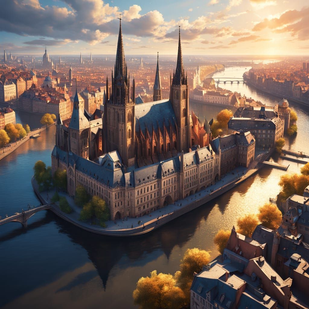 Prague Cityscape at Golden Hour, Hyper-Realistic Digital Art