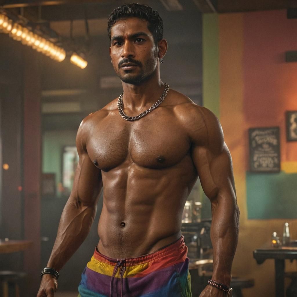 Hyperrealistic Gym Body in Rainbow Light