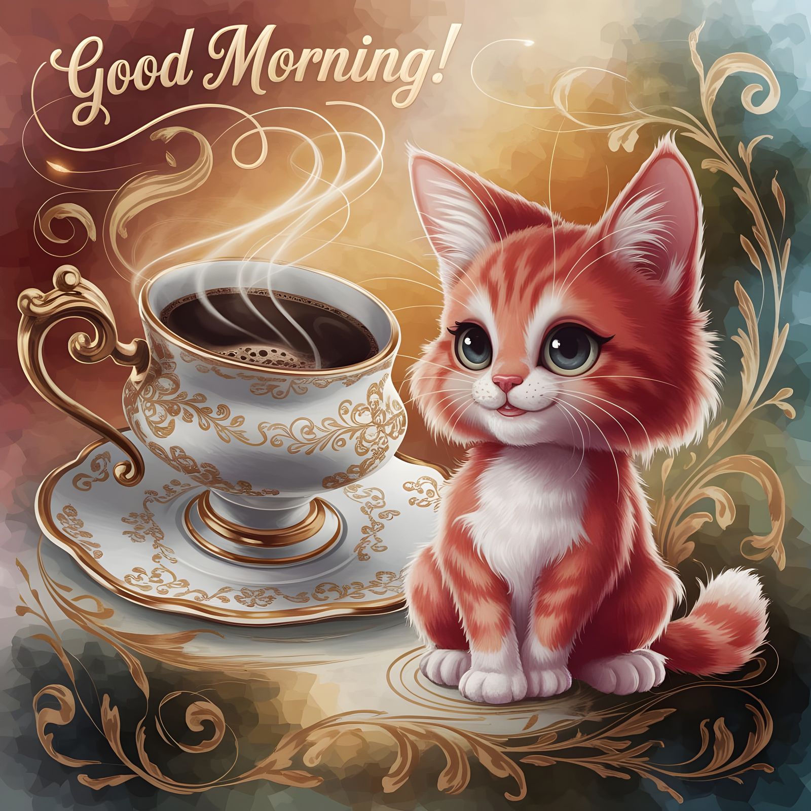 Whimsical Cat Sits with Baroque Teacup in Watercolor Style