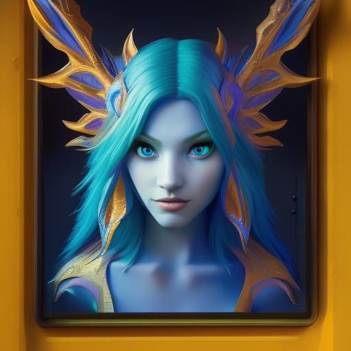 Fantasy Elf Portrait with Blue Hair, Digital Art