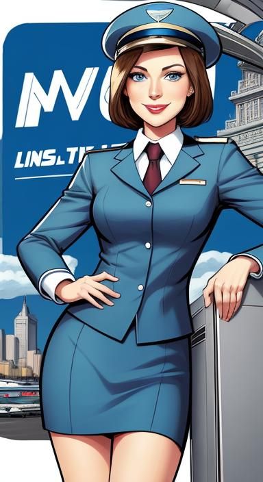 Young Woman in Flight Attendant Uniform, Comic Book Art