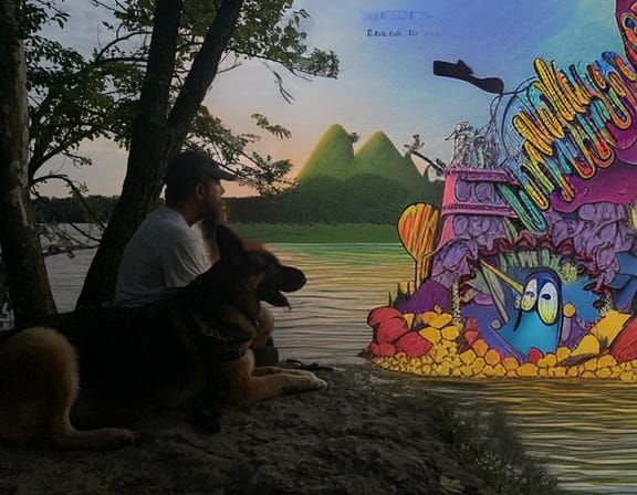 Cartoon River Scene with Yellow Submarine