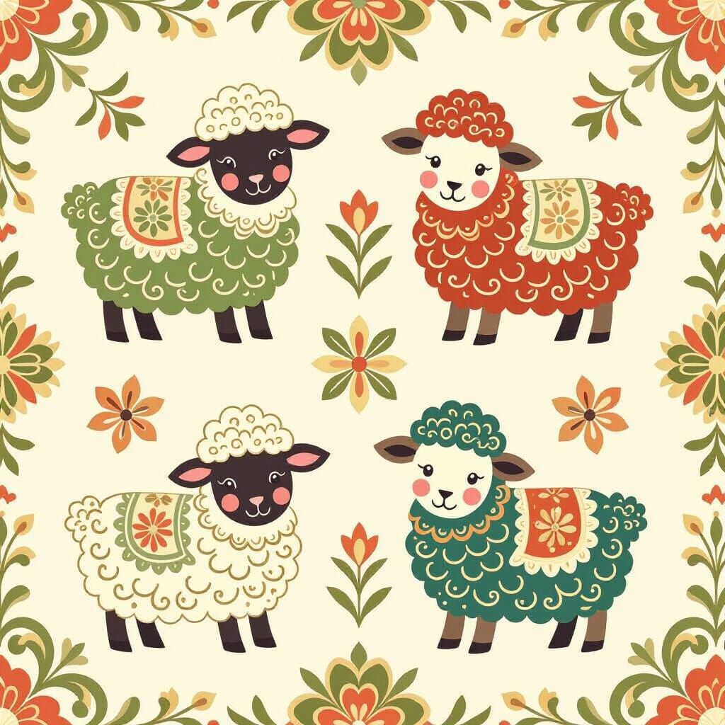 Cute Fabric Patch Sheep Pattern in Chinese Folk Art Style