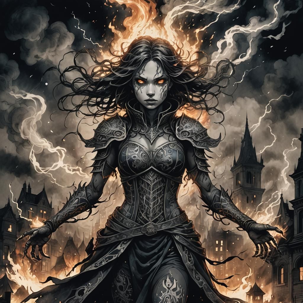 Eldritch Dark Fantasy Warrior Amidst Fire and Smoke