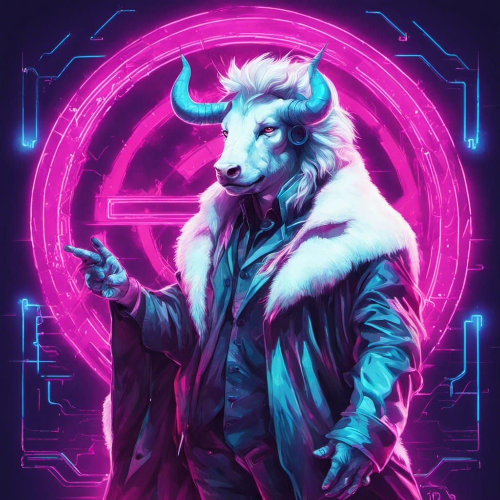 Cyberpunk Minotaur Magician in Neon Retro Style
