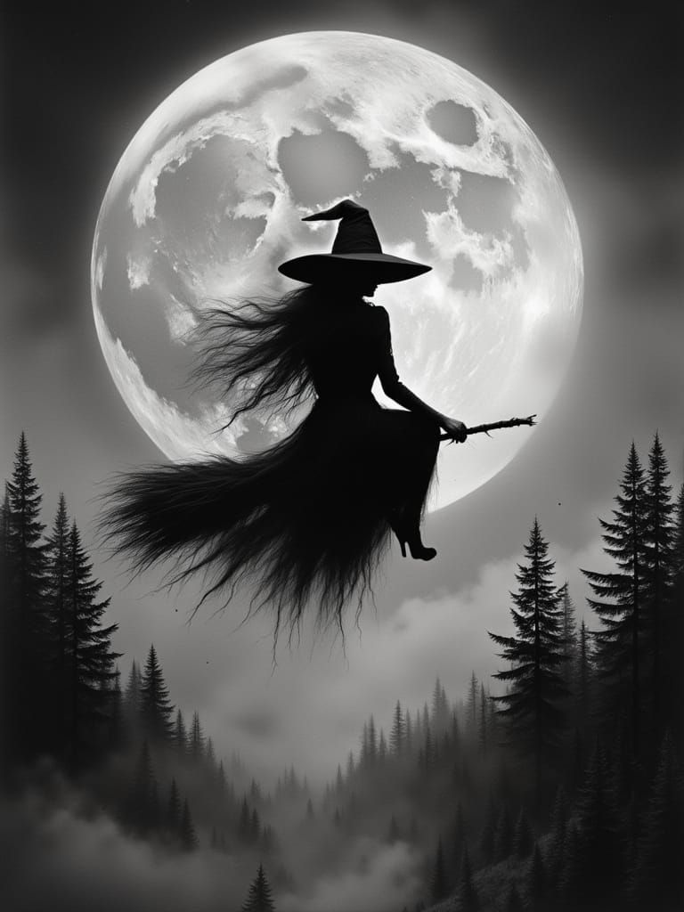 Monochromatic Witch Flying on Broomstick in Grayscale Illust...