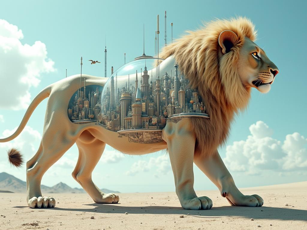 Lion Reveals Futuristic City Within, Hyperrealistic