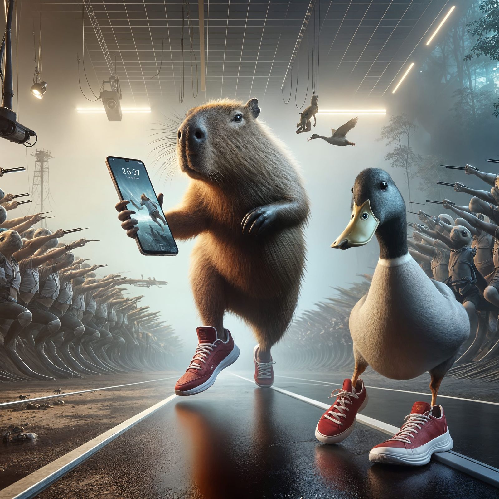 Capybara and Duck Run Marathon in Red Sneakers