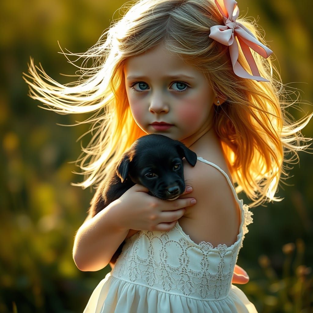 Hyperrealistic Portrait of a Young Girl with a Puppy in a Se...