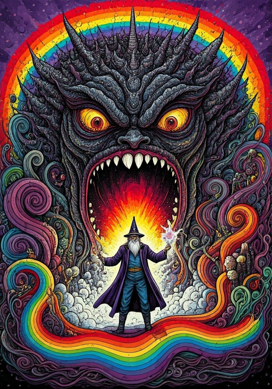 Wizard Casting Rainbow Spells in Doodle Style