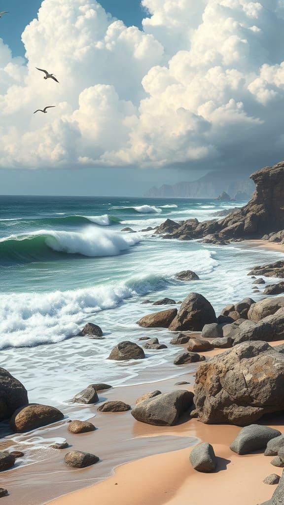 Serenely Dramatic Coastal Scene in Realistic Artistic Style