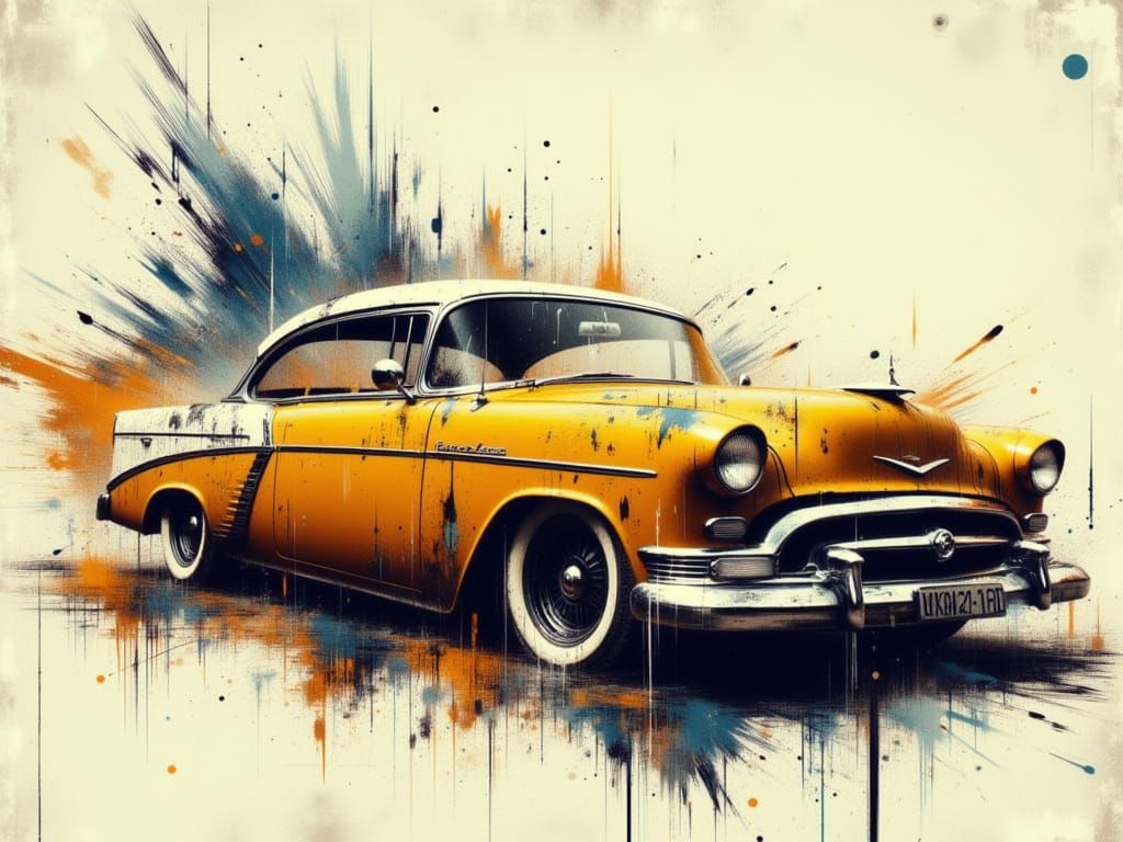 Vintage Car in Abstract Realism Style with Chrome Accents an...
