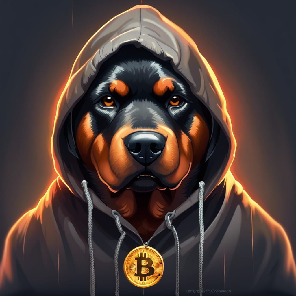 Mean Rottweiler, with hoodie,  with Bitcoin logo leash. head...