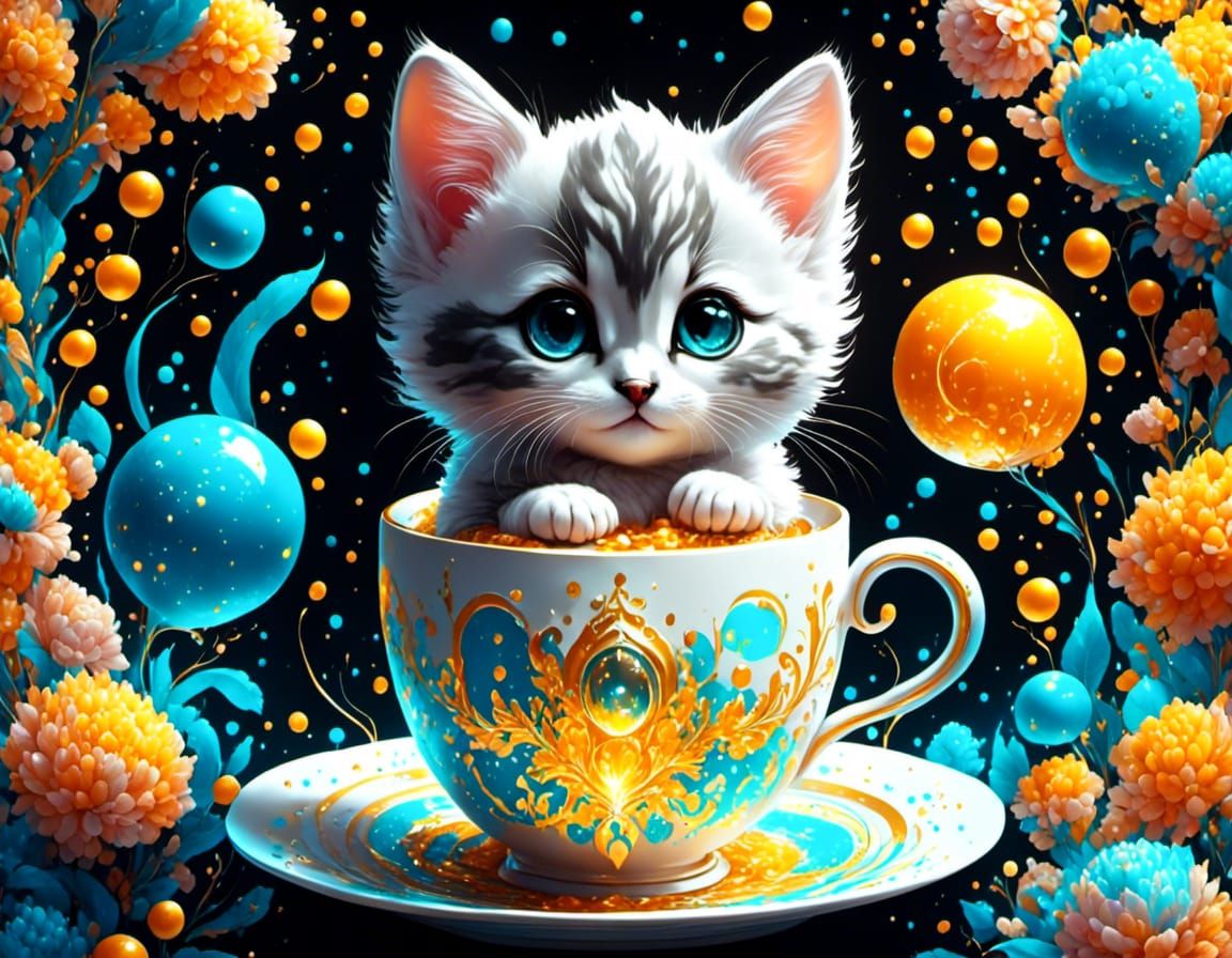 Charming Kitten in Coffee Cup: Luminescent Line Art