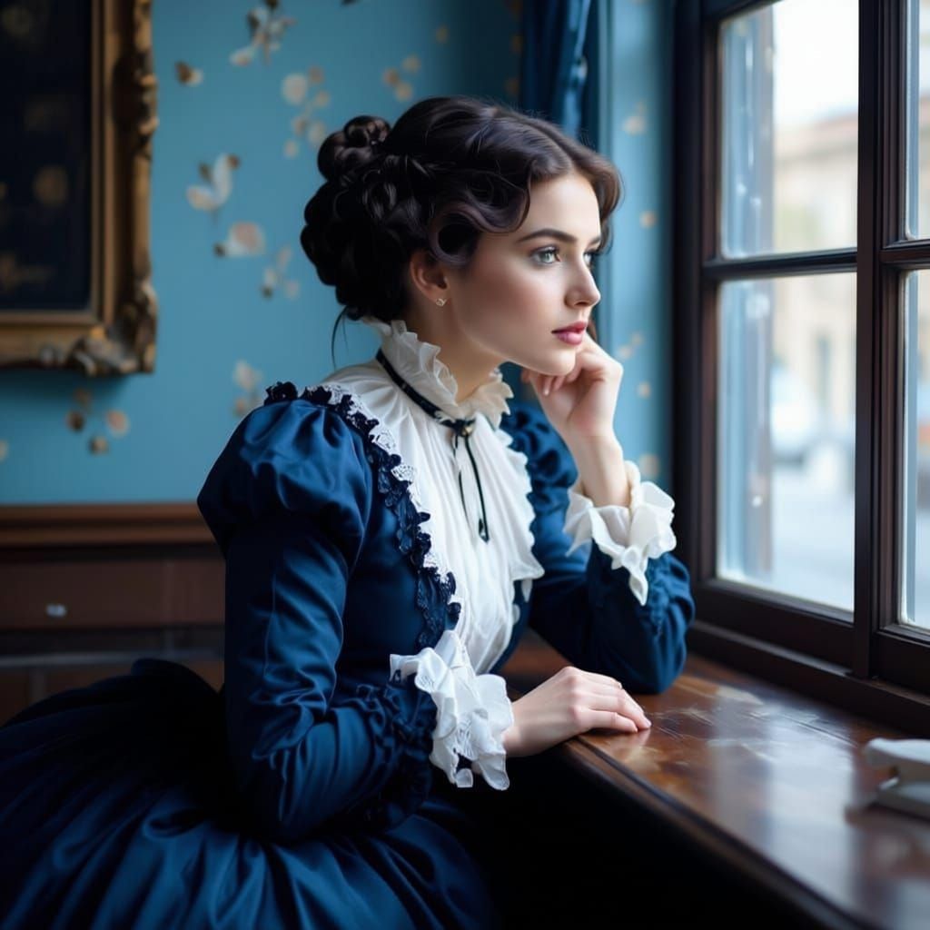 Victorian Woman With Bored Expression Gazes Out Window