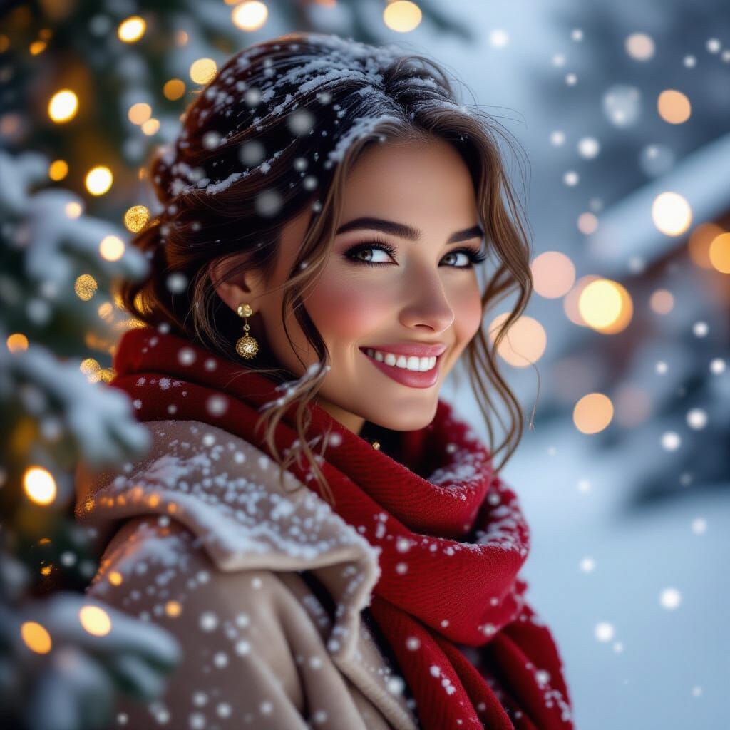 Enchanting Christmas Portrait with Gentle Snowfall