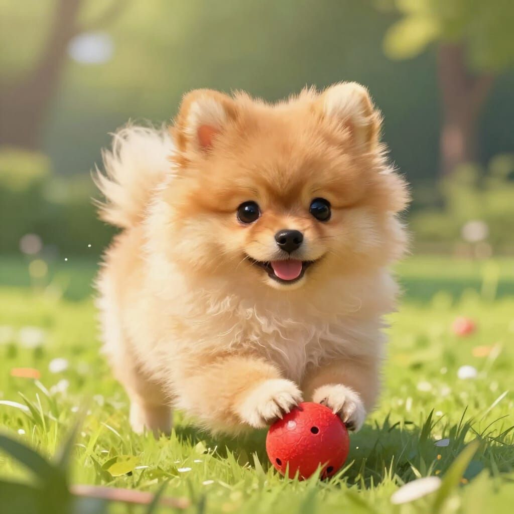 Adorable Pomeranian Puppy Plays With Red Ball in Sunlit Park