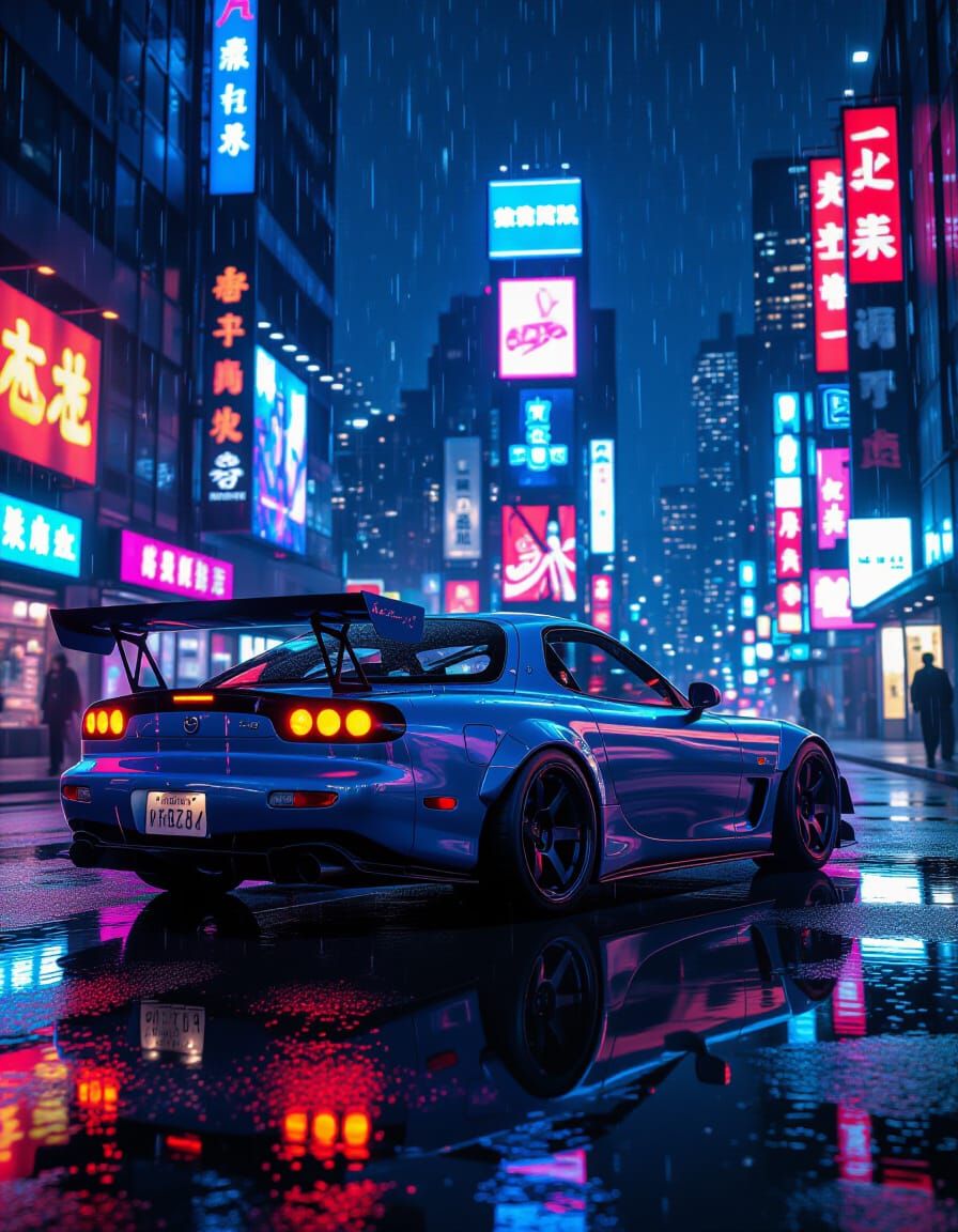 Cyberpunk Mazda RX7 on Neon-Lit Rainy Street