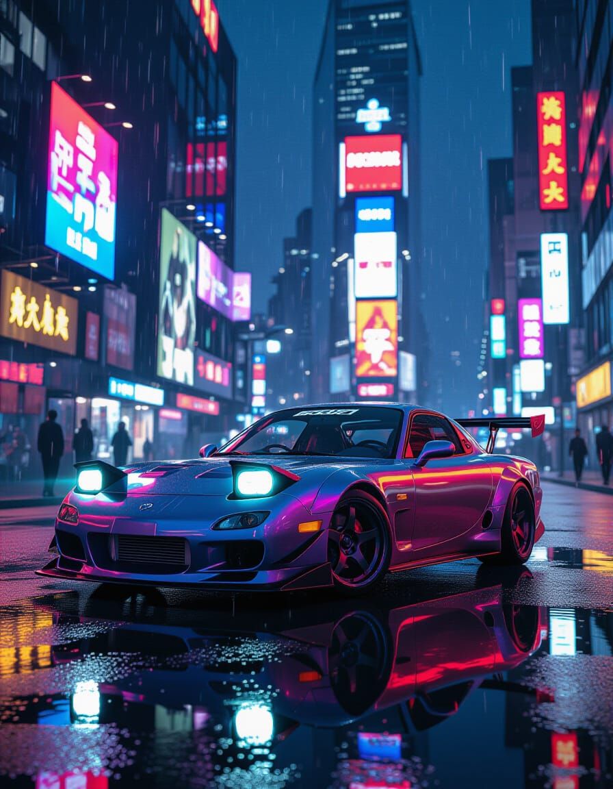 Cyberpunk Mazda RX7 on Neon-Lit Rainy Street