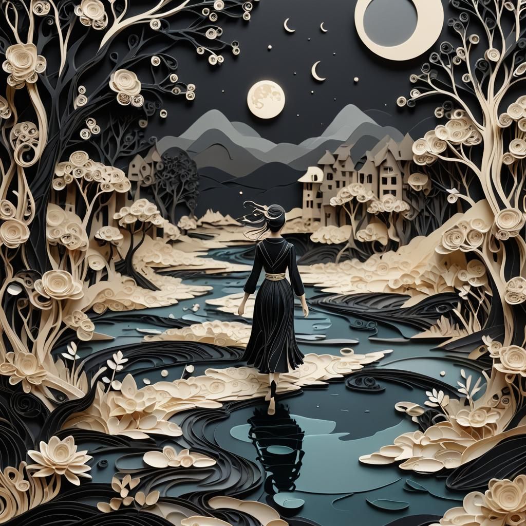 Moonlit River Walker in Papercut Style