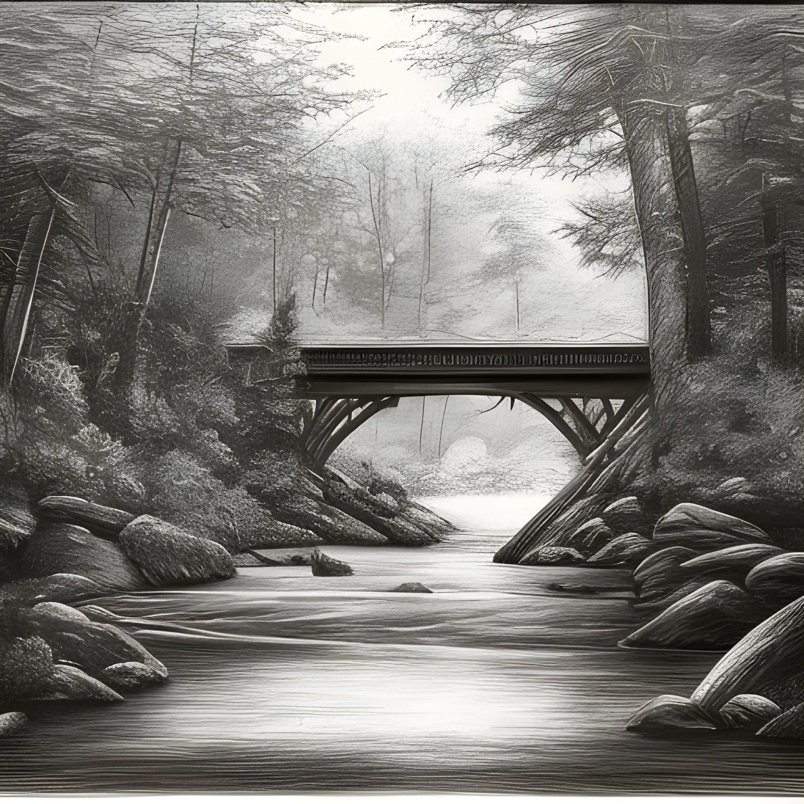 Detailed Pencil Drawing of Forest Hangbridge