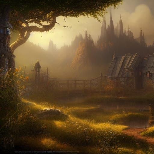 Steampunk Shire Matte Painting in Dark Fantasy Style