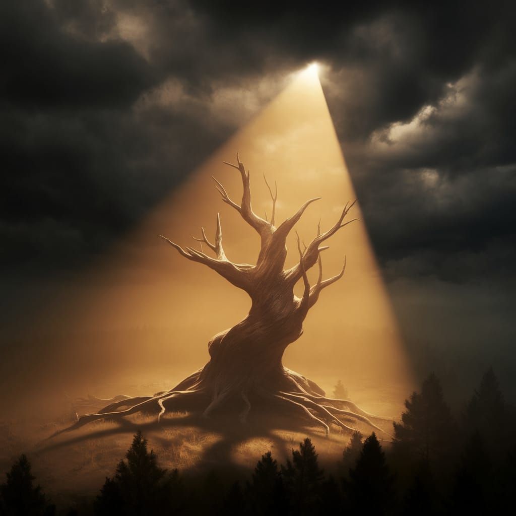 Golden Light Pierces Dark Stormy Skies, Illuminating Ancient...