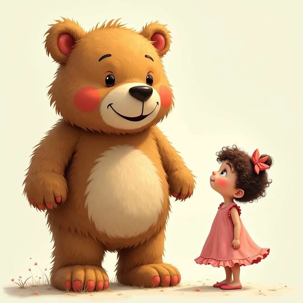Giant Teddy Bear and Little Girl, Whimsical Illustration