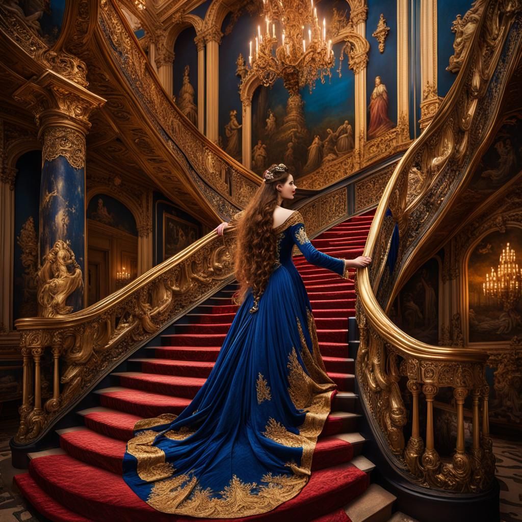 Lady in Gown on Ornate Staircase