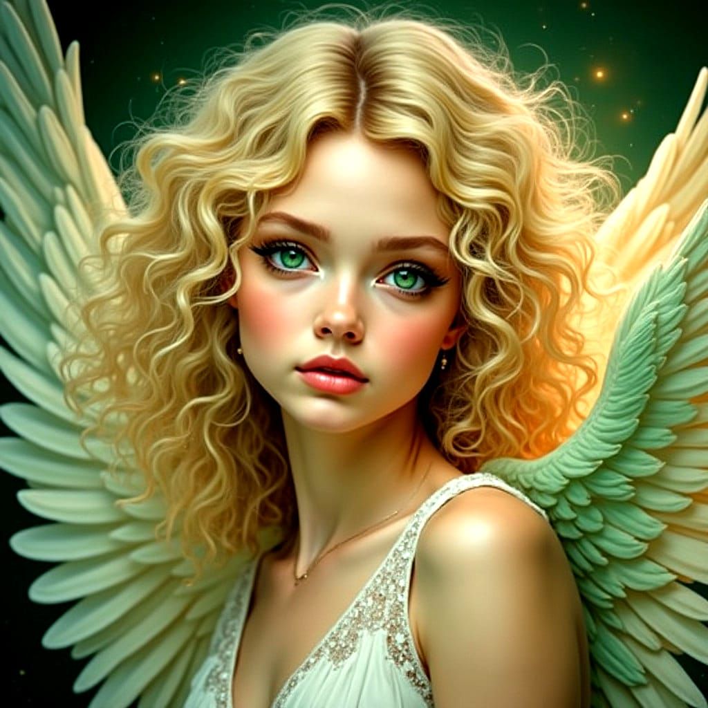 Blonde Angel with Green Eyes and Wings