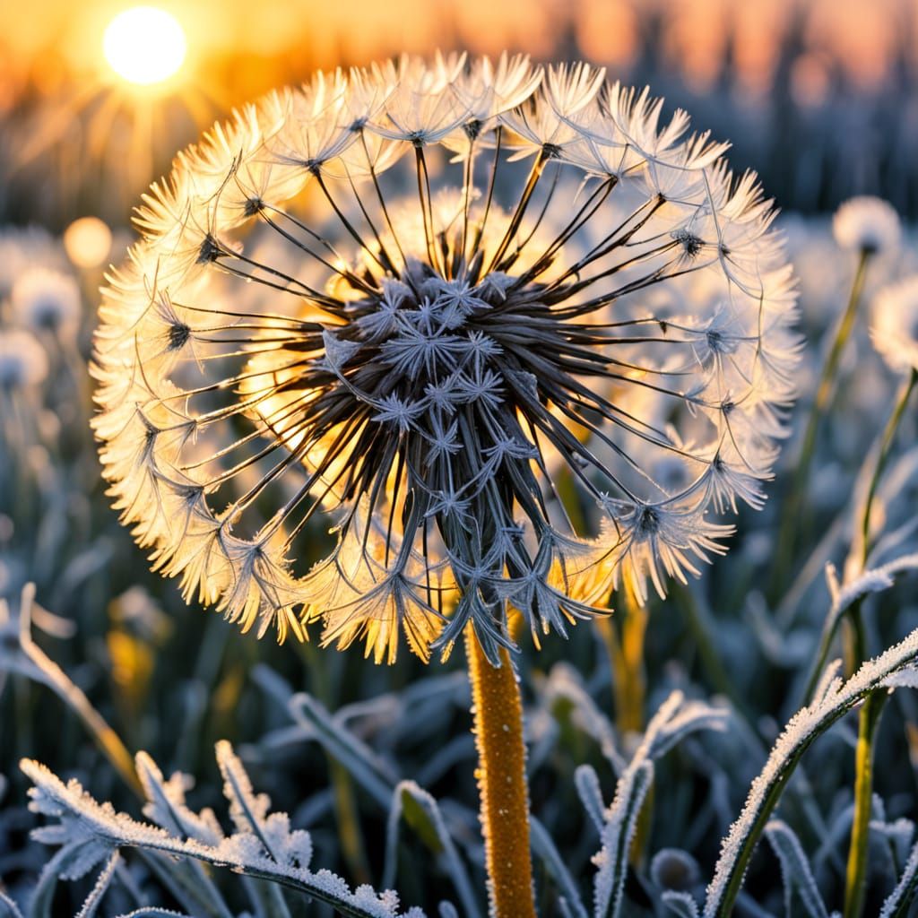 Resilient Dandelion in Frosty Sunrise Oil Painting