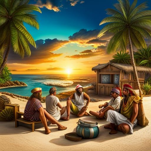 Pirate Crew Relaxing on a Tropical Beach