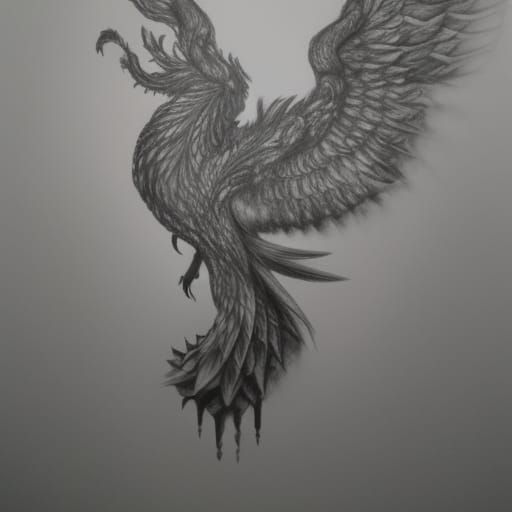 Phoenix in Castle: Hyperdetailed Charcoal Drawing