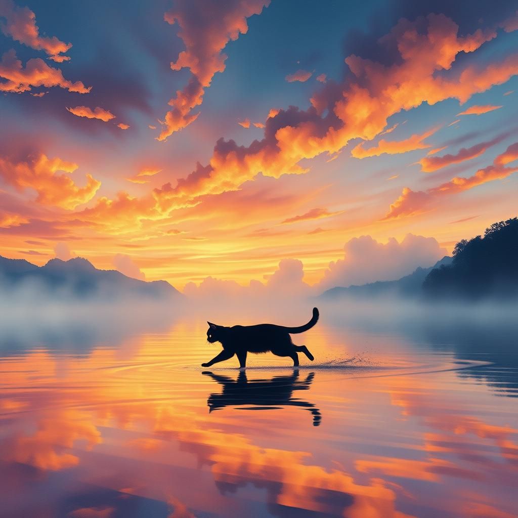 Mystical Cat Frolics at Water's Edge: Fauvist Watercolor