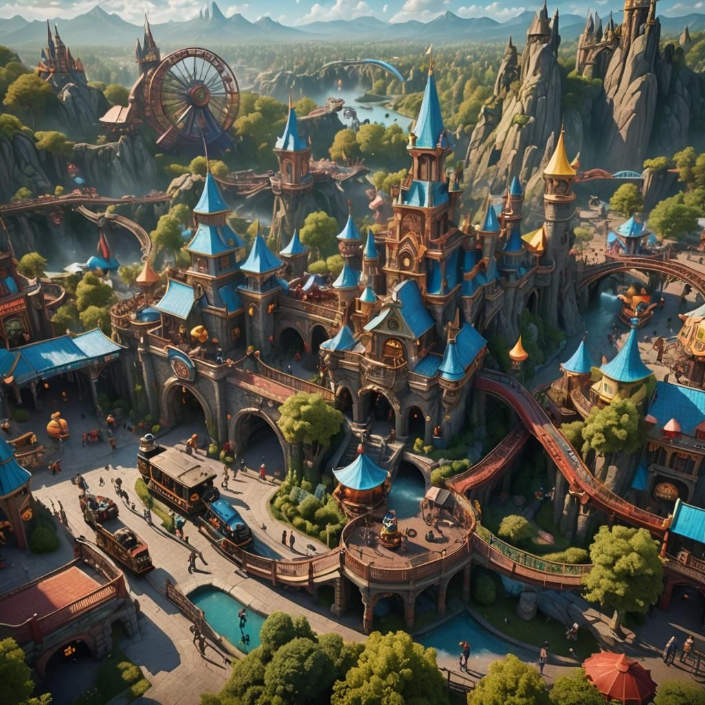 Friends Enjoying Theme Park in Detailed Matte Painting