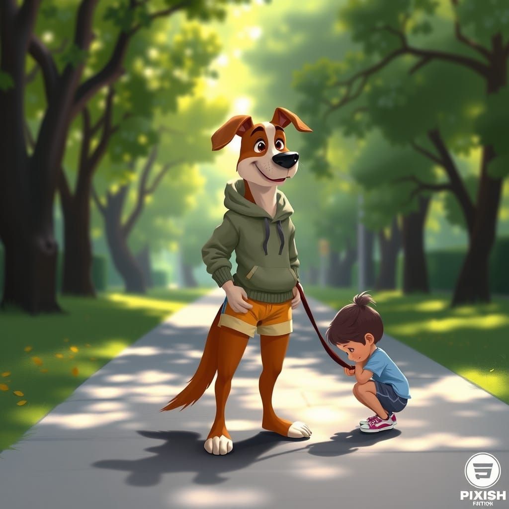 Dog Walking Boy in Park: Pixar-style Illustration