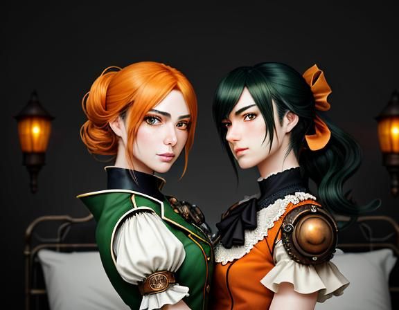 Steampunk Twin Sisters Kiss in Manga Style