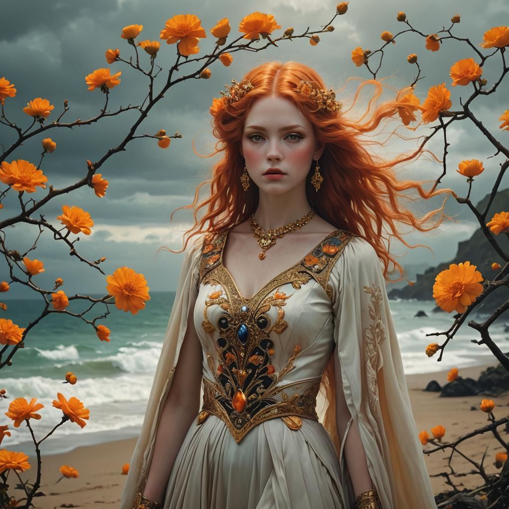 Goddess with Orange Hair on Beach, Digital Art