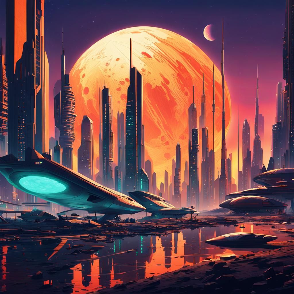 Futuristic Lunar Cityscape with Spaceships and Neon Lights