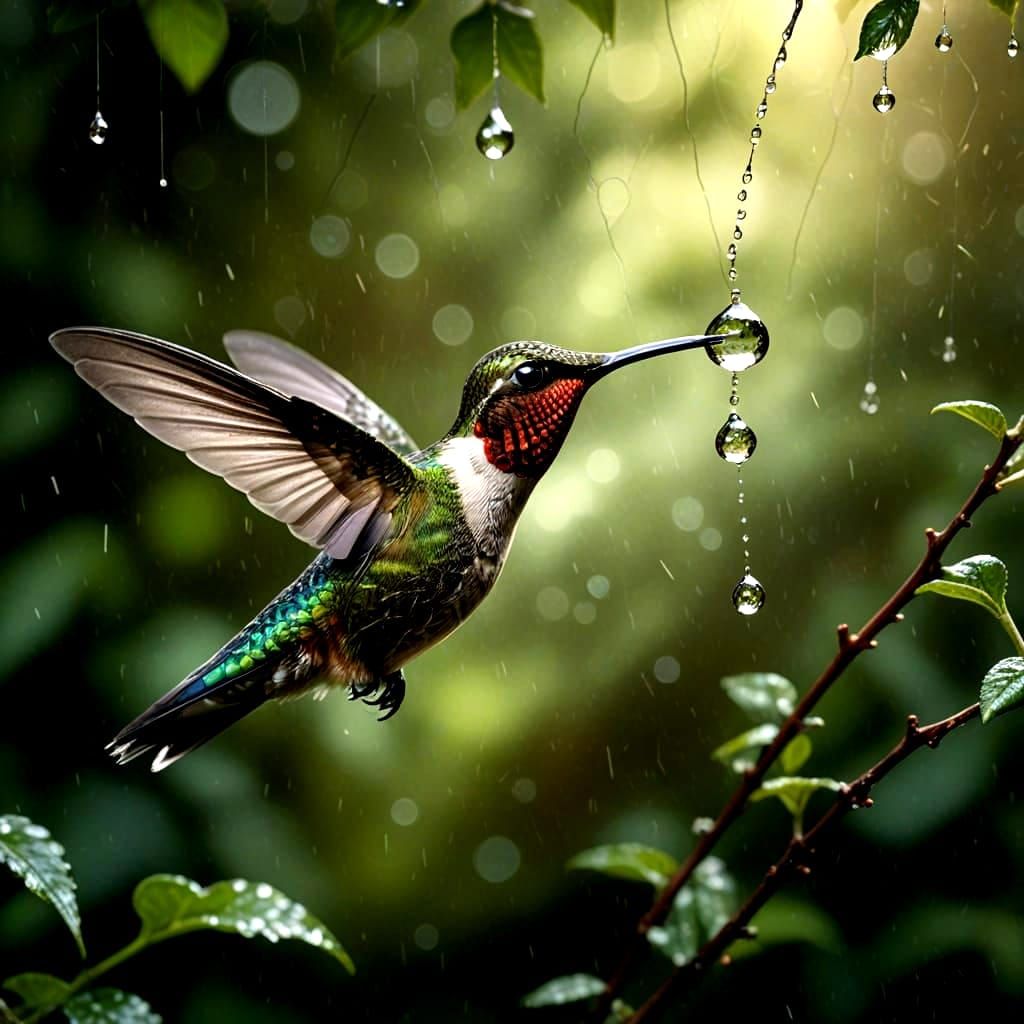 Macro Photo: Jewel Hummingbird Sips Dewdrop from Spiderweb