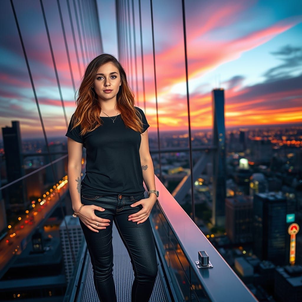 Confident Drummer Stands on a Futuristic Glass Bridge at Dus...