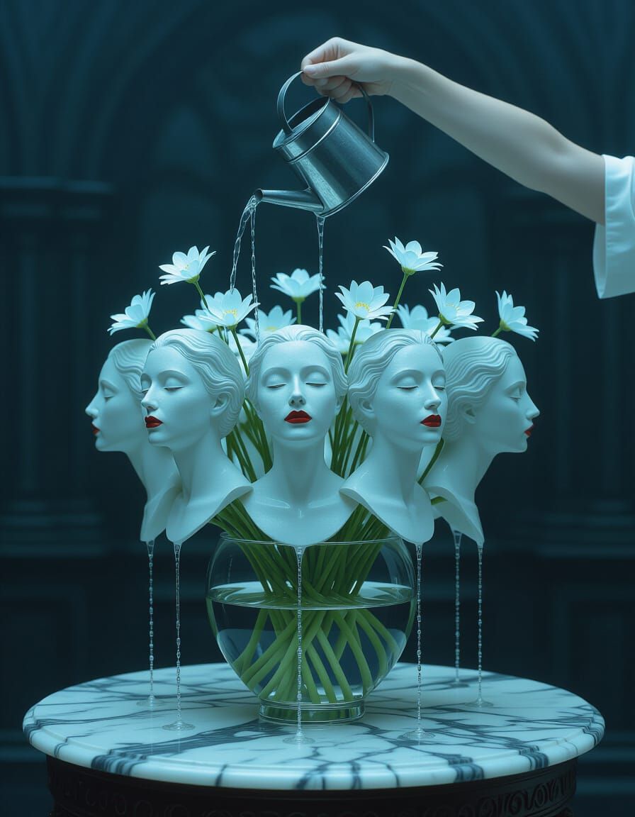 Surreal Dream Scene: Busts in Vase Bloom Flowers