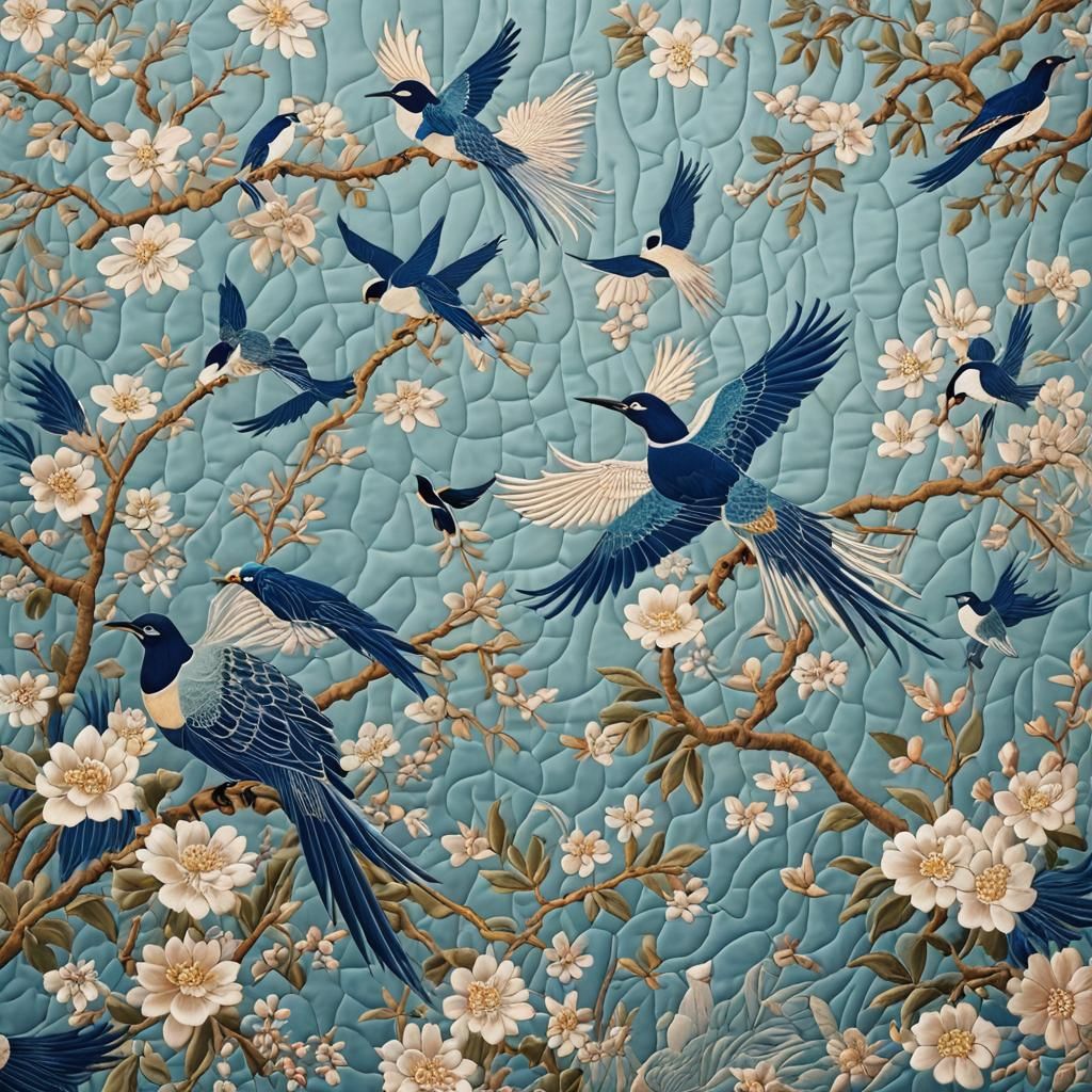 Embroidered Blue Quilt with Birds in Flight